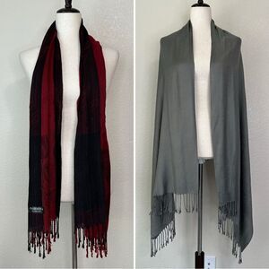 BUNDLE (2) 100% Pashmina Gray Burgundy Scarf